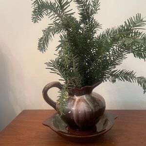 Brown Ceramic Pitcher with Greenery